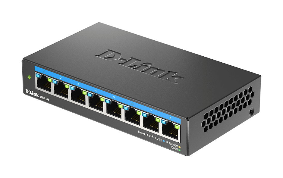 D-Link Ethernet Switch, 8 Port Gigabit Unmanaged Metal Fanless Desktop or  Wall Mount Design (DGS-108), Black